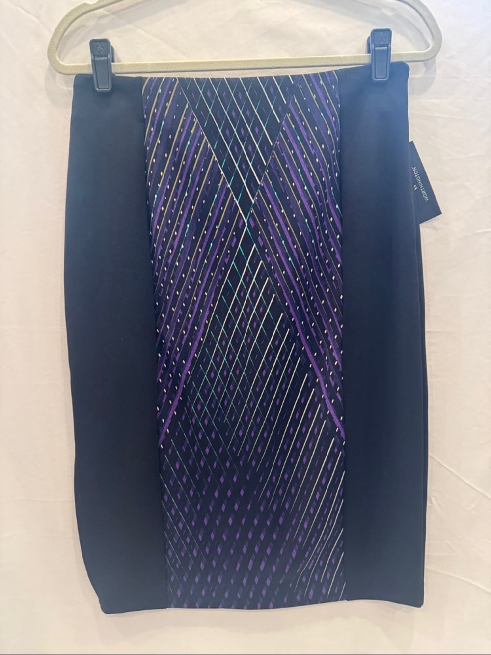 NWT Worthington Black Pencil Skirt with Purple Geometric Panel, Size Medium